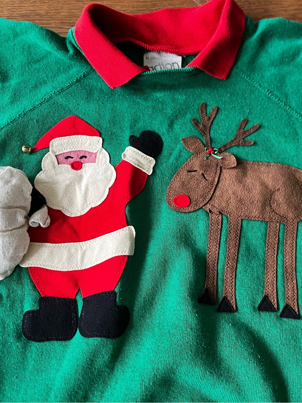 Vintage 1980’s Christmas Sweatshirt with Collar and Appliqué Santa & Reindeer